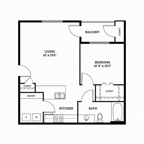 Floor plan for 1 bed, 1 bath, 636 sqft